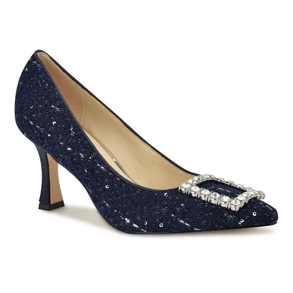 Nine West Womens Sz 7M Jaquee Dark Blue Tweed Embellished Buckle Toe Dress Pumps - Picture 1 of 11